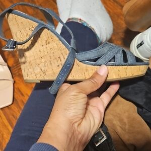 Jessica Simpson Blue and Tan Wedge Sandals